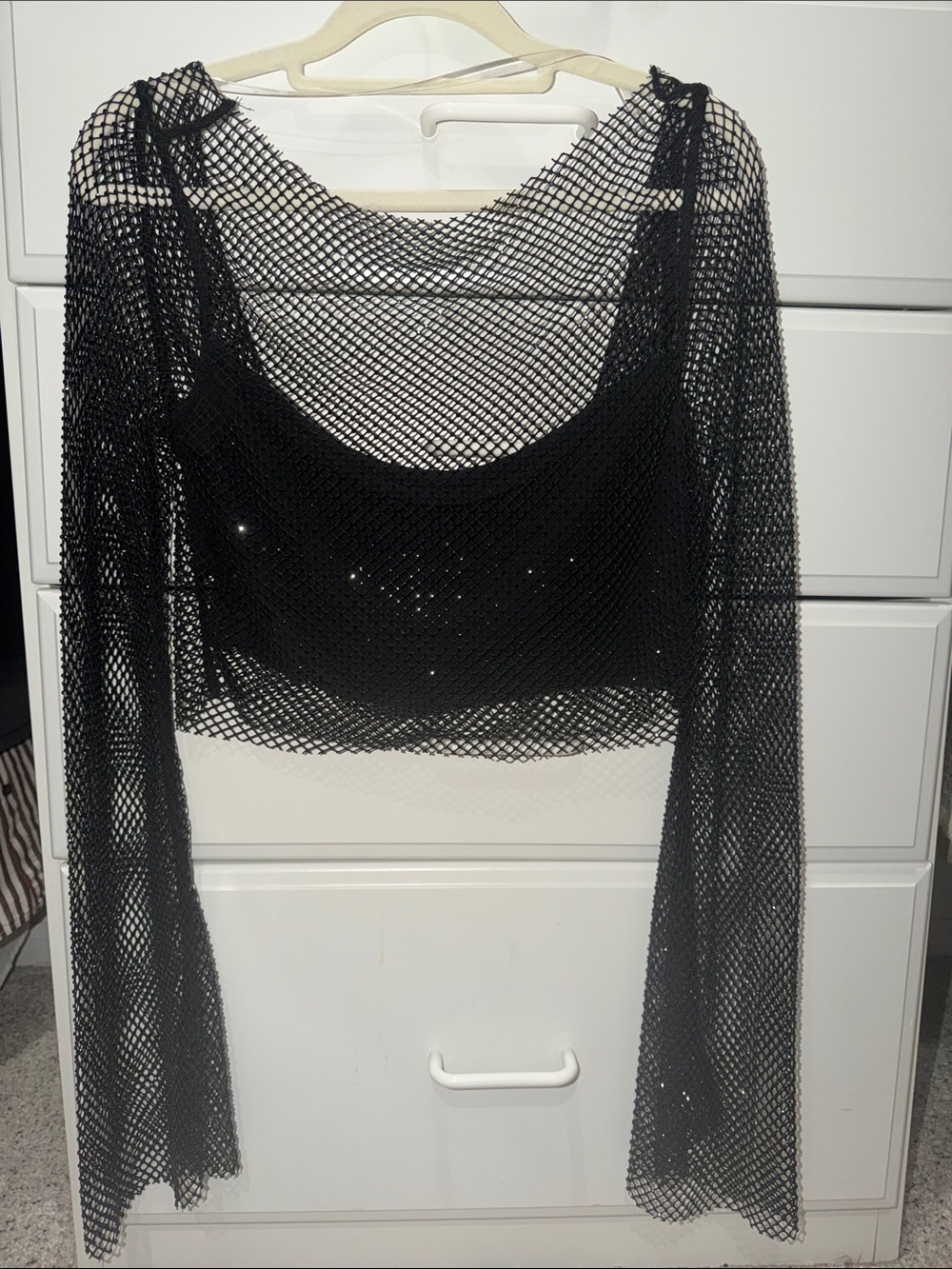 Black Sheer Fishnet Long-Sleeve Crop Top